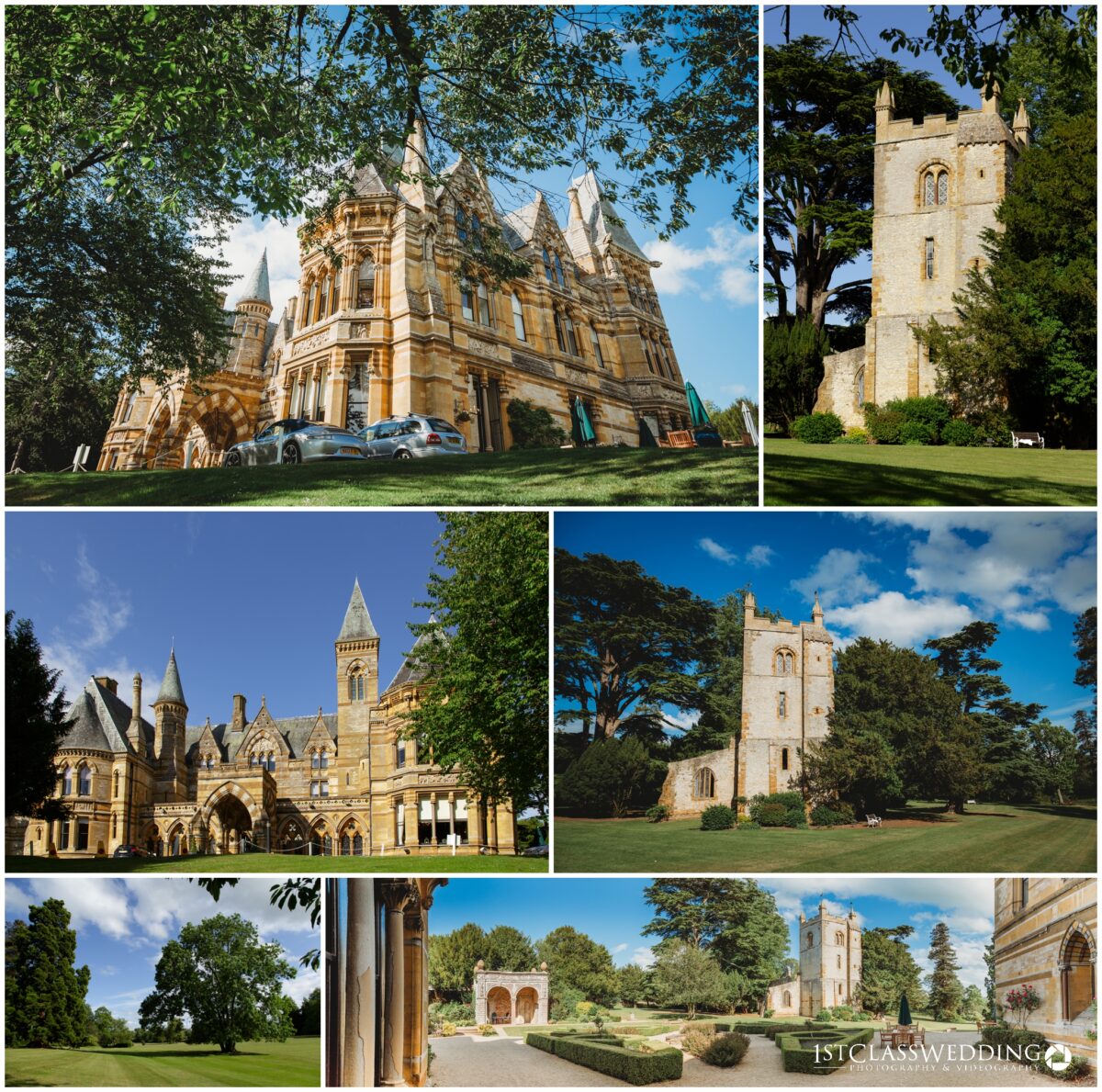 Historic UK mansions and gardens collage.