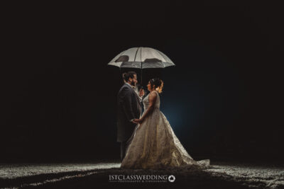 Bride and groom under umbrella in dramatic night lighting.