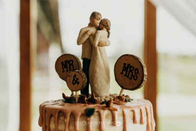 Wedding cake topper with "Mr & Mrs" signs.
