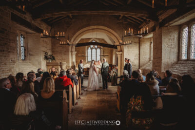 Wedding ceremony in historic church building.