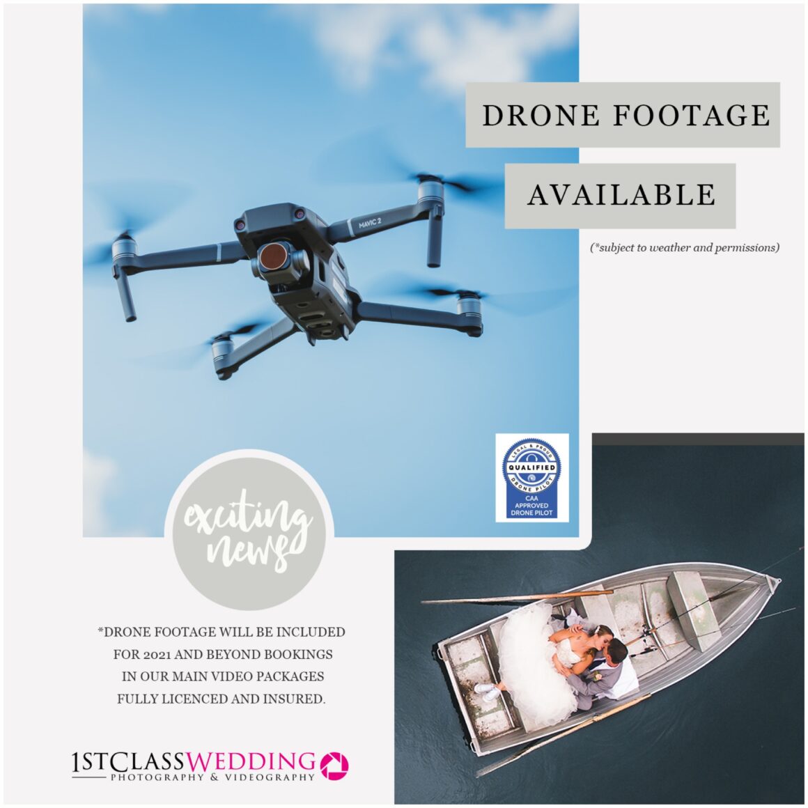 Drone offering wedding photography, videography services with license.