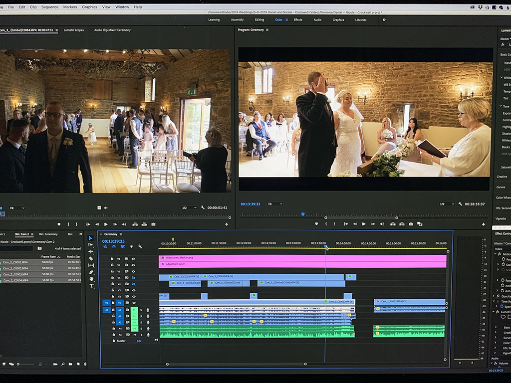 Video editing software displaying wedding ceremony footage.
