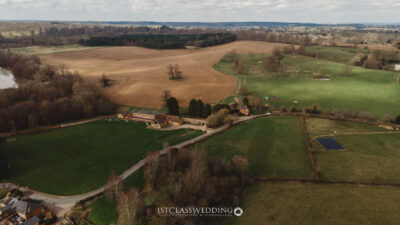 Aerial view of rural English countryside and farmland.