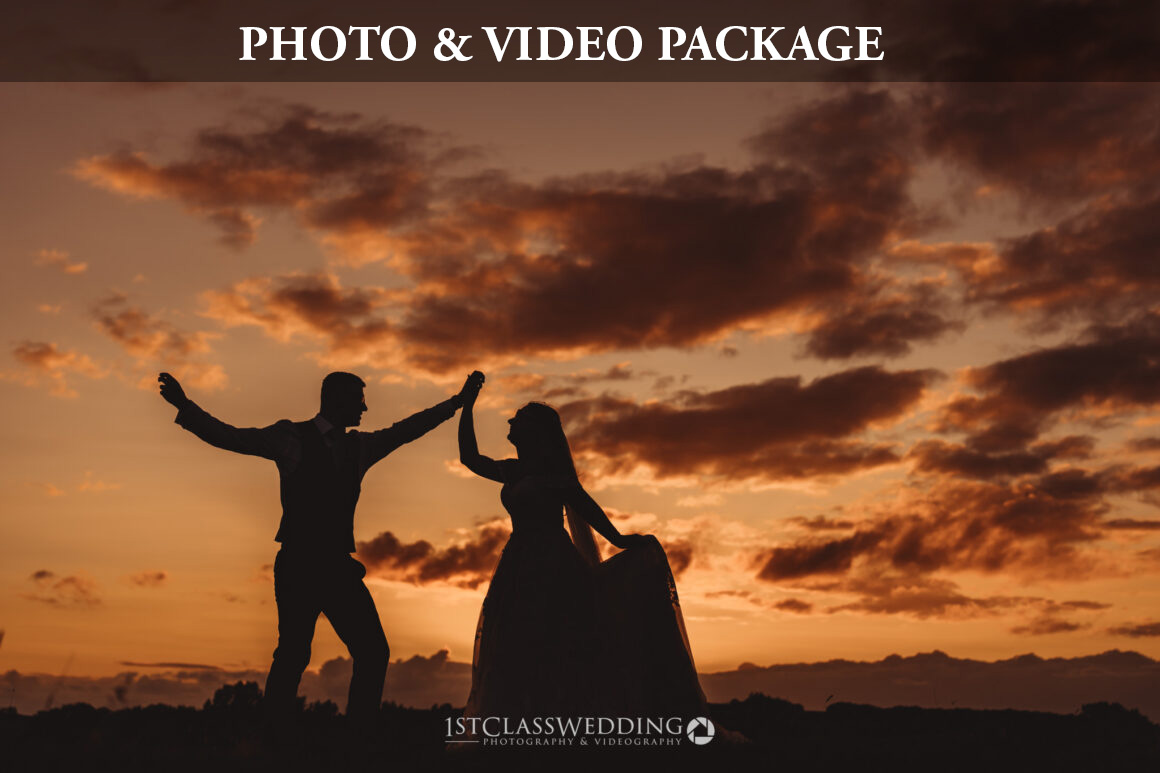 Silhouetted couple dancing at sunset, wedding photography promo.