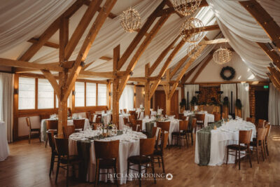Elegant barn wedding reception setup