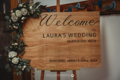 Wooden welcome sign for Laura and Nick's wedding.