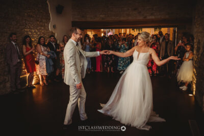 Bride and groom's first dance at wedding reception.
