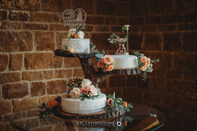 Elegant tiered wedding cake with floral decorations